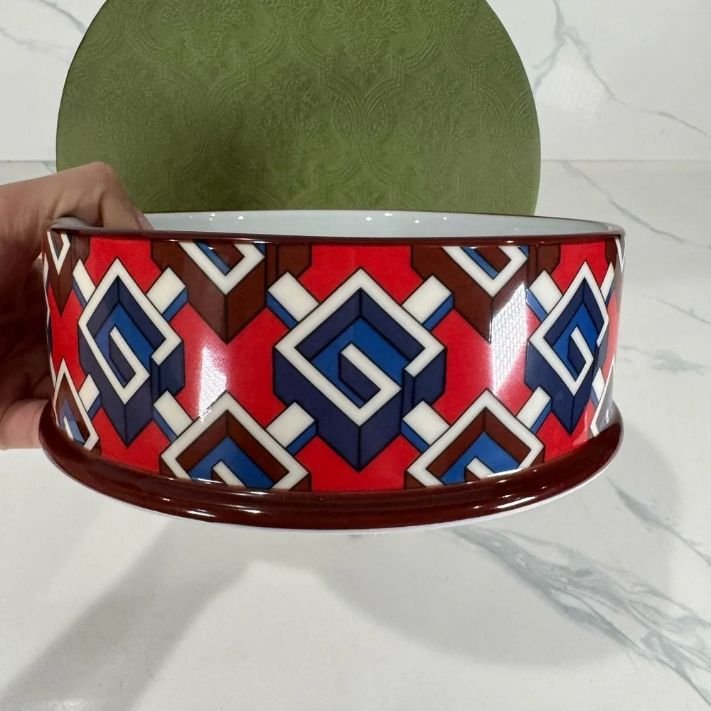 Authentic Gucci Red Geometric Pattern Pet Bowl